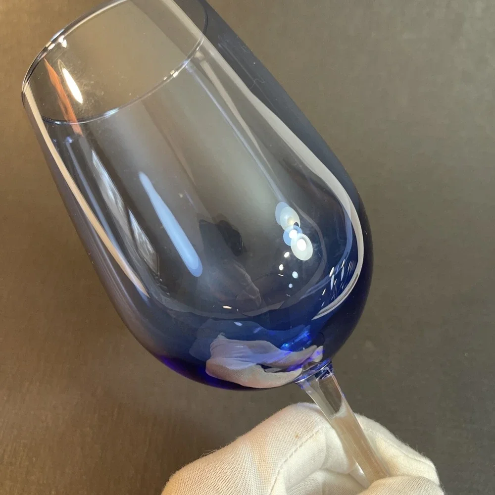 Pier 1 Hand Blown Pantiago Blue & Clear Wine Glass 9 1/8